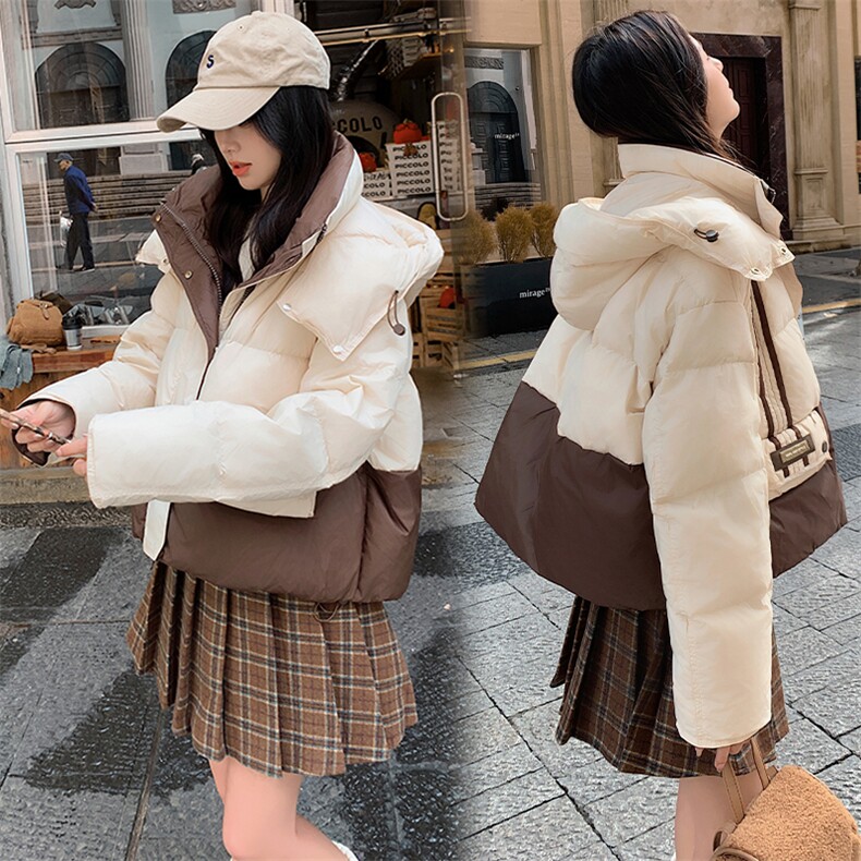 连帽撞色拼接时尚连帽羽绒服2024年冬季,女装羽绒服,微微衣阁