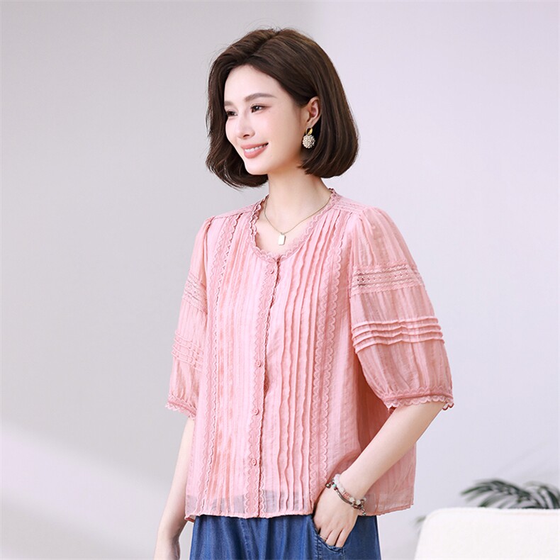 时尚甜美粉色蕾丝拼接宽松显瘦女装衬衫,女装衬衫,叶笙衣
