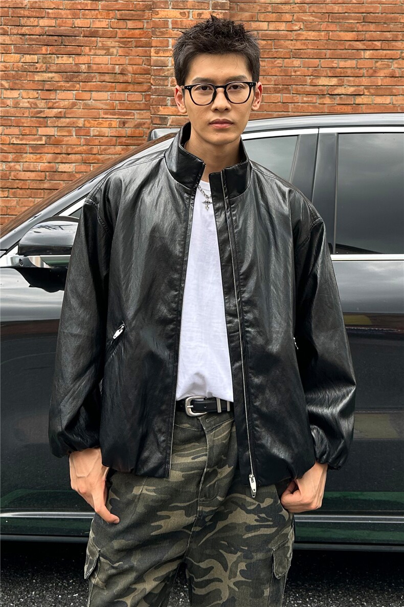 秋季2025老钱风抖音纯色休闲立领皮衣夹克店主风A236-JK603-P140,男装皮衣,电商A236