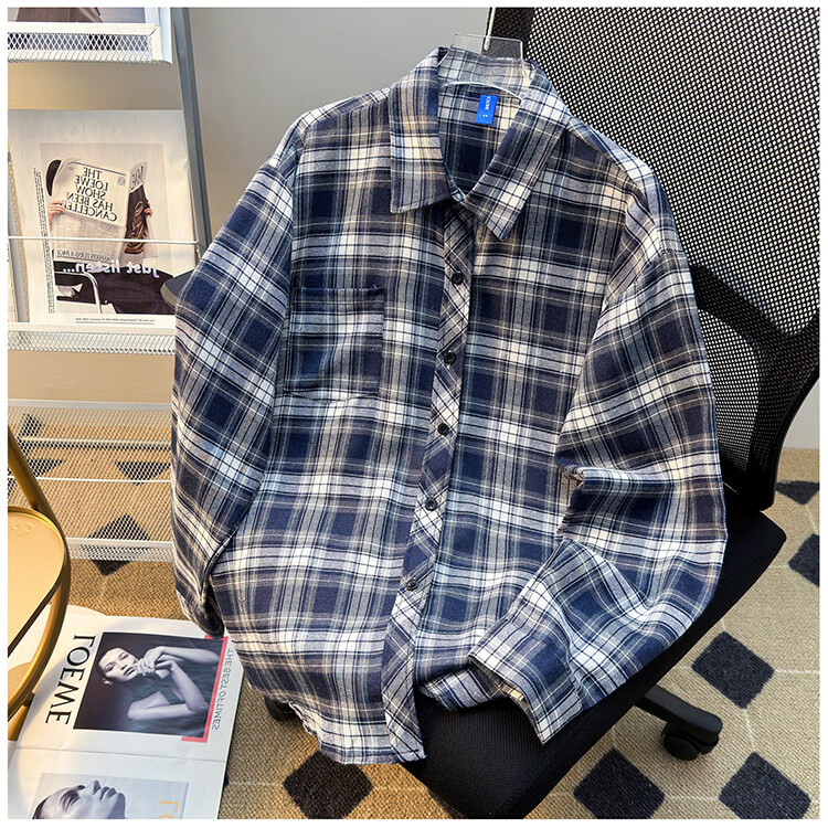 格纹口袋翻领磨毛衬衫高级感复古做旧风长袖衬衣SC237P28,男装衬衫,星座1013-1