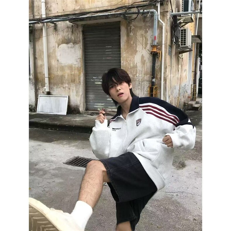 JY390-P45美式条纹撞色拼接立领开衫卫衣,男装卫衣,星座1501-3