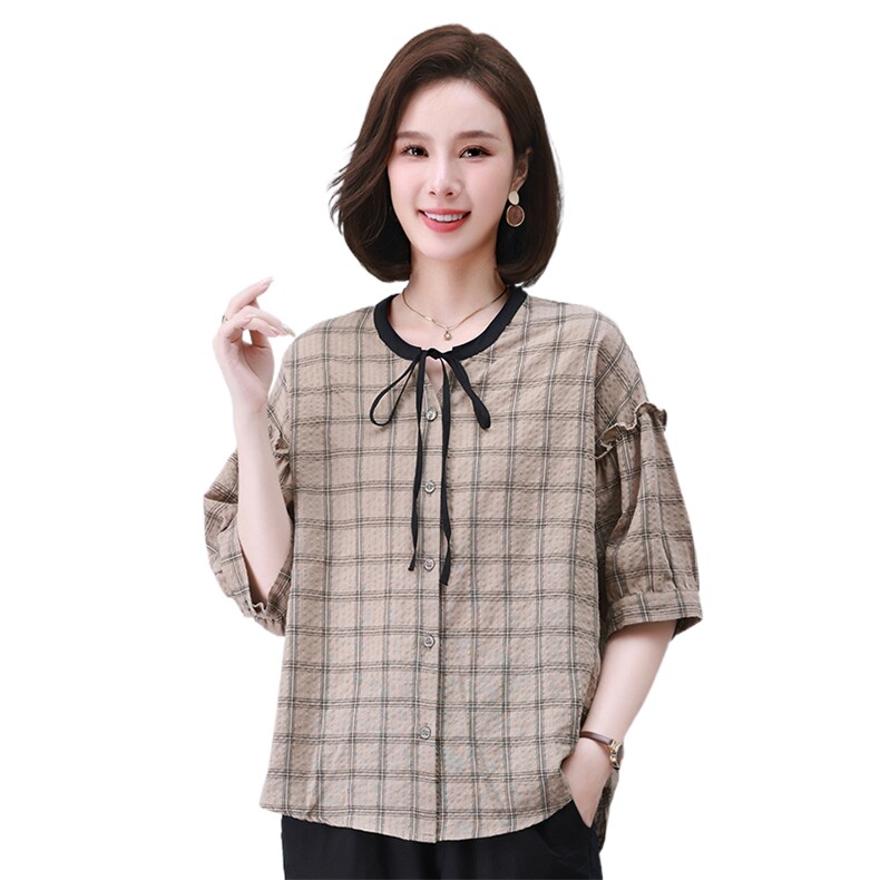 时尚格子宽松抽绳拼接短袖上衣显瘦百搭气质女装衬衫,女装衬衫,叶笙衣