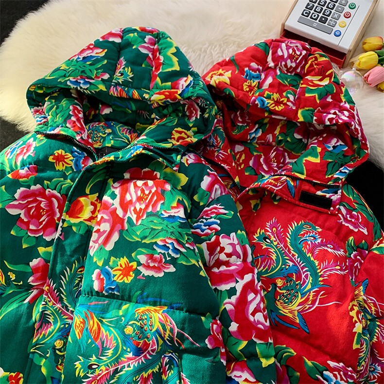 MY206东北大花连帽棉衣外套风汉服大码宽松男女棉服棉袄保暖,男装棉衣,星座115A-1