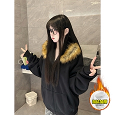 480G重磅加绒硬挺boxy秋冬美式高街超大毛领座山雕连帽卫衣厚外套，女装短外套，电商A486
