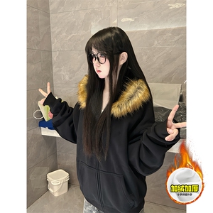 480G重磅加绒硬挺boxy秋冬美式高街超大毛领座山雕连帽卫衣厚外套图片