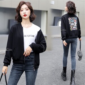 太空棉棒球服外套女2022春秋新款韩版宽松印花上衣洋气百搭短外套,女装短外套,美沁