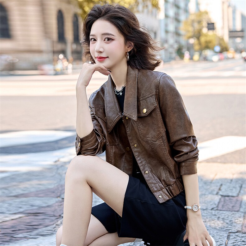 短款皮衣港风女士洋气学院风美式宽松型轻职风厚款春秋显瘦小个子,女装皮衣,臻衣坊
