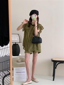 防晒套装女薄款欧洲站夏季2022新款欧货衬衫阔腿短裤两件,女装职业装,香丽迪1