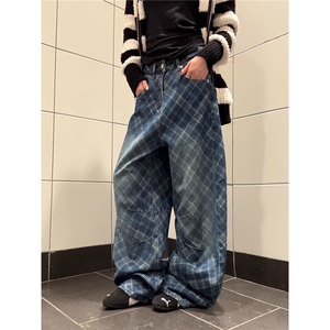 水洗做旧格纹阔腿牛仔裤男女宽松休闲百搭直筒拖地长裤NZB199图片