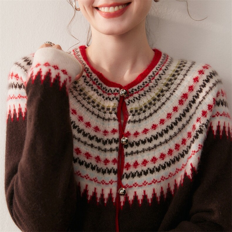复古提花山羊绒开衫女针织半高领长袖毛衣2025秋冬新款时髦上衣,针织衫/毛衣,朵沐纯羊绒