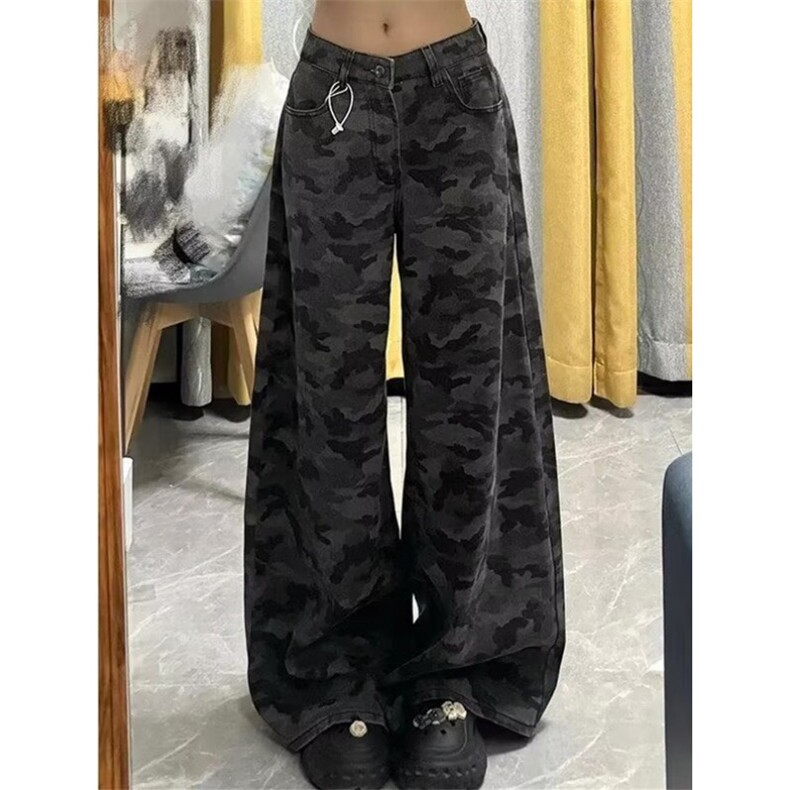 迷彩阔腿工装裤女冬季宽松直筒显瘦百搭拖地牛仔长裤K102,男装工装外套,星座1116A（原606A-3）