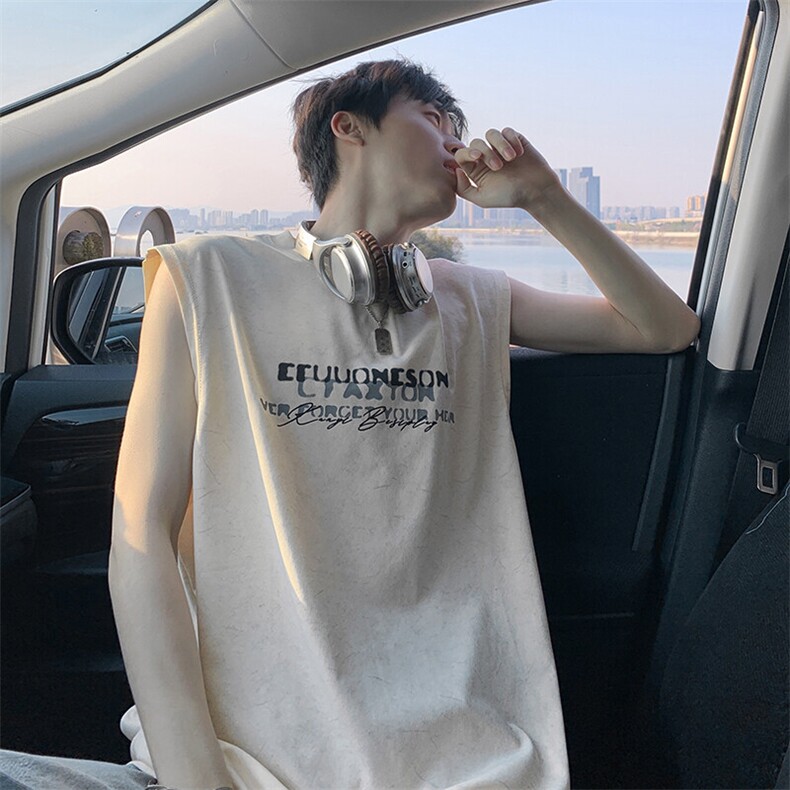 得物抖音品质240克宽松纯棉美式扎染做旧工艺坎肩背心印花无袖T恤,男装T恤,电商A486