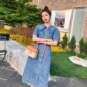 现货夏季新款简约时尚个性气质娃娃领腰带收腰显瘦牛仔连衣裙图片