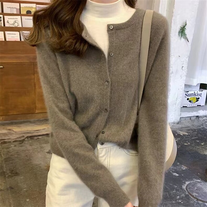 2025新款春秋羊毛开衫女圆领短款毛衣韩版针织大码外套,女装羊毛衫,美轩羊绒