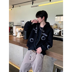 美式复古连帽卫衣男女同款字母印花情侣开衫外套宽松图片