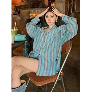 条纹撞色防晒衬衫女夏季宽松bf慵懒风盐系开衫衬衣外套 CA129图片
