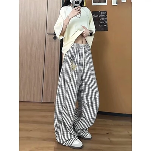 美式慵懒风松弛感格子弯刀裤女夏季薄款宽松直筒休闲阔腿运动裤女图片