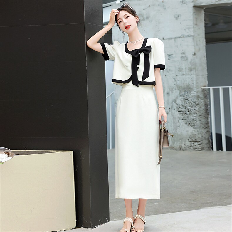 小香风套装女夏季新款小众别致蝴蝶结上衣甜美法式半身裙两件套裙,女装套装/套裙,卡杰菲