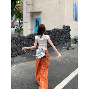 AK2356-P40垂感格子阔腿裤女夏季高腰显瘦直筒裤宽松百搭拖地裤图片