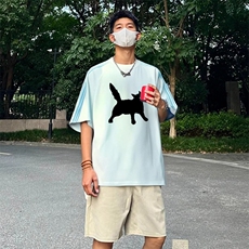 抖音得物品质二开240克宽松纯棉美式潮牌印花三条杠中性风短袖T恤，男装T恤，电商A486-1