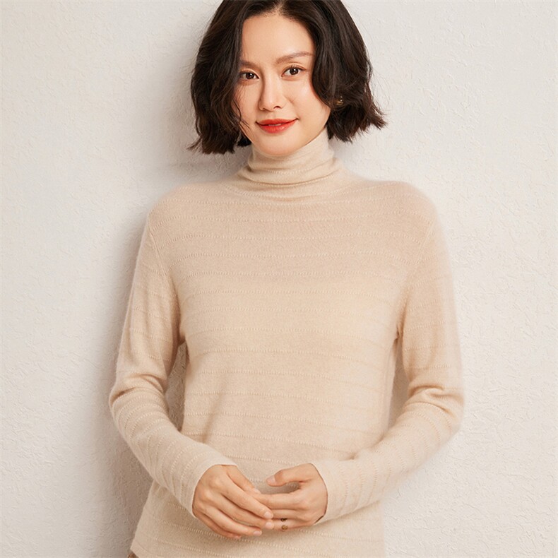 秋冬季35%羊绒65%羊毛休闲百搭12针横线堆堆领羊绒衫，女装羊绒衫，广悦羊绒