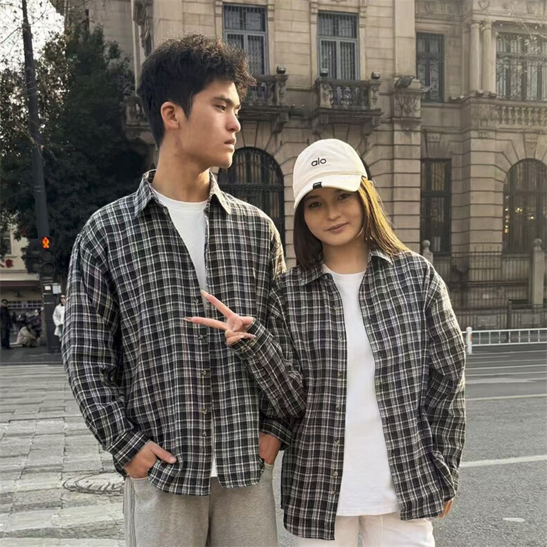 春季新款现货（跨境电商）格子男女情侣款潮流宽松格纹衬衣,男装衬衫,星座1107-1