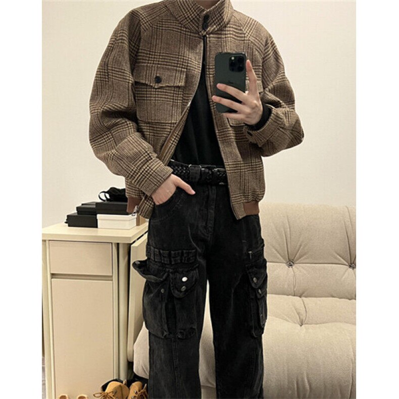 新款复古美拉德千鸟格哈灵顿羊毛夹克男短宽立体剪裁 JK953图片