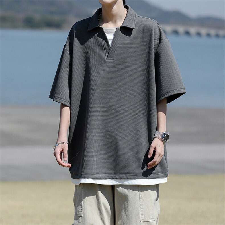 8XL-M假两件V领短袖t恤男夏翻领半袖宽松重磅华夫格大码DT001P40图片
