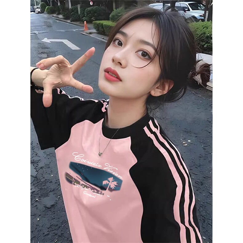 夏季美式高街重磅纯棉三条杠织带插肩撞色男女短袖T恤CZ101-特P25,男装T恤,电商A486