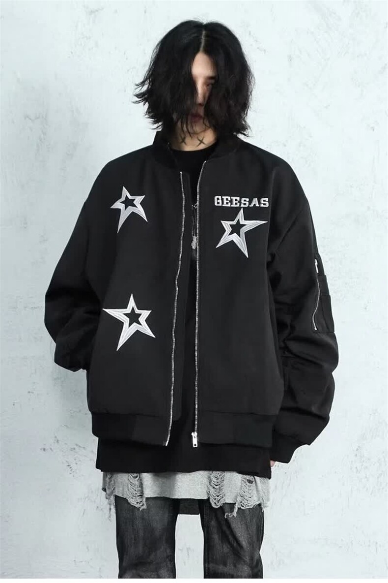 美式复古潮字母星芒刺绣棒球服街头嘻哈立领休闲宽松外套JKK05P65,女装短外套,电商D256-2(原A064-2)
