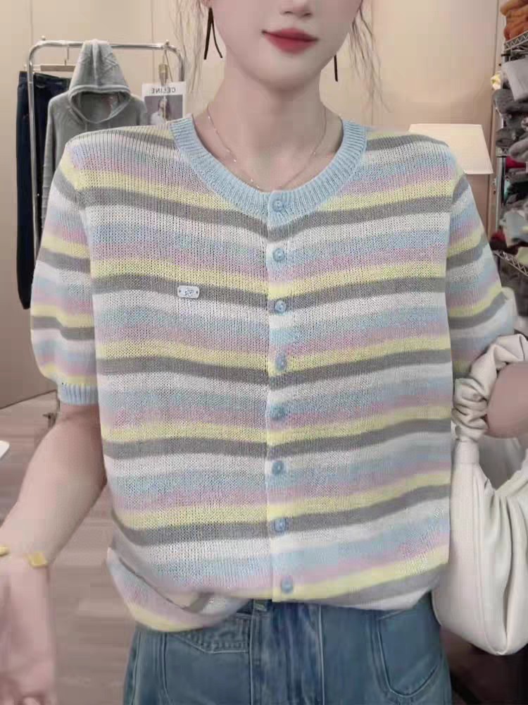 夏季圆领撞色条纹莱赛尔天丝短袖T恤女休闲套头针织薄款半袖上衣,女装T恤,唐诺