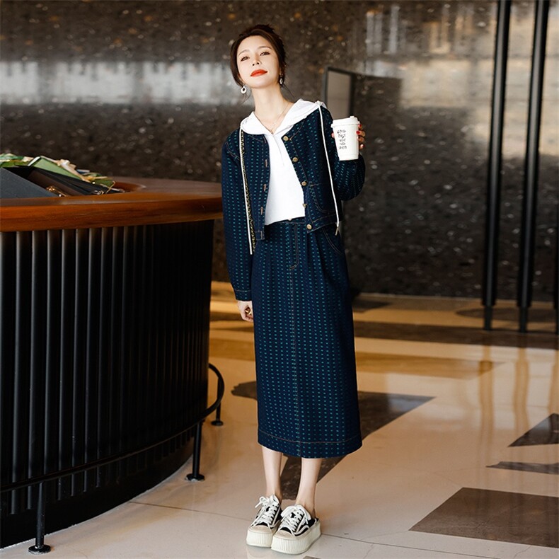 时尚显瘦牛仔套装女春季新款韩版气质百搭两件套裙子小香风外套,女装套装/套裙,秋水欣儿