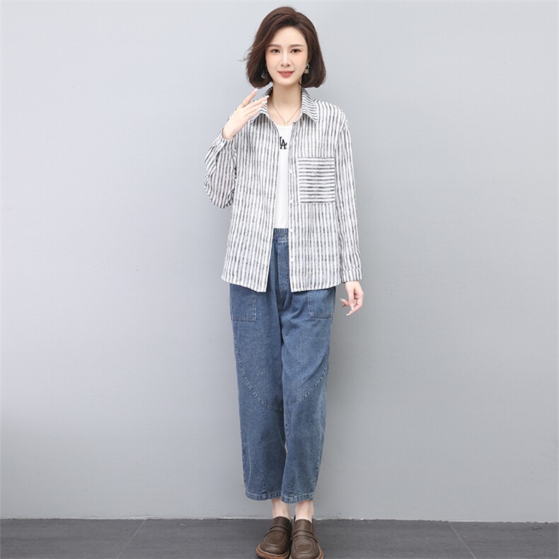 2023年春夏季条纹衬衣拼接水洗套装,女装套装/套裙,叶笙衣