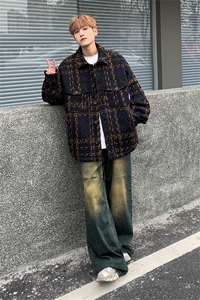 潮牌新款小香风千鸟格短款夹克外套男女款春秋宽松百搭休闲翻领衣图片
