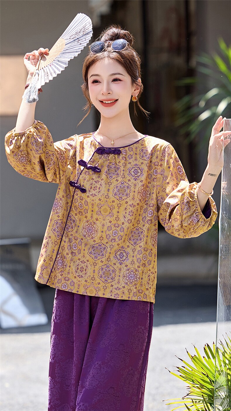 2026夏季新中式风改良斜襟宋锦彩麟宝相花衬衫女洋气唐装小上衣，女装衬衫，凤玖服饰