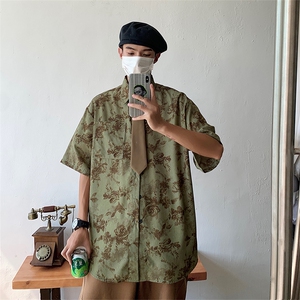 日系古着vintage碎花短袖衬衫男女夏季港味chic宽松休闲上衣外套图片