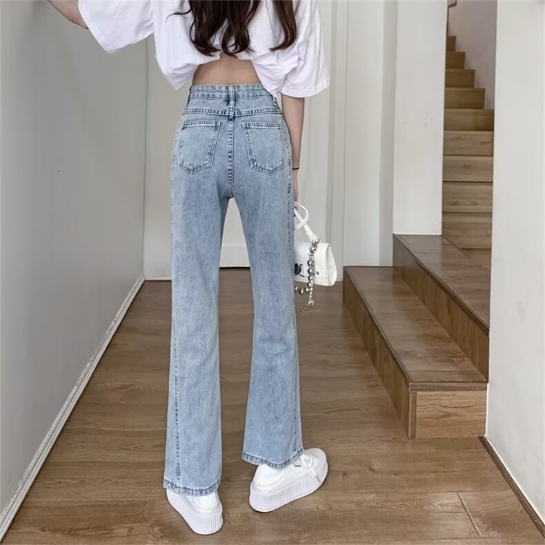 高腰微喇叭牛仔裤女春秋季高街潮大码设计感显瘦直筒裤子,女装牛仔裤,中性港风女装