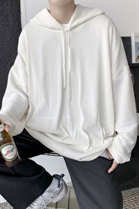 21秋装 港风情侣褶皱卫衣连帽套头大码纯色宽松外套休闲 H209/P55图片