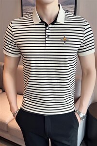 小香风条纹帅气弹力短袖T恤翻领Polo衫刺绣高级感半袖上衣T08-P50图片