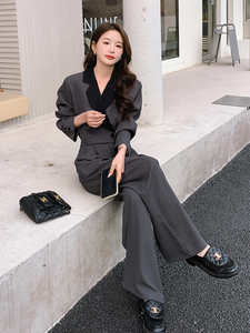 西装高腰女神范长袖通勤刺绣西装领宽松型纯色女职业显瘦气质高腰图片