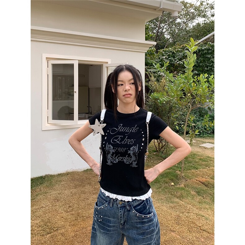 美式复古蕾丝边正肩短袖T恤女2025夏季辣妹修身短款打底衫上衣潮,男装T恤,星座506A