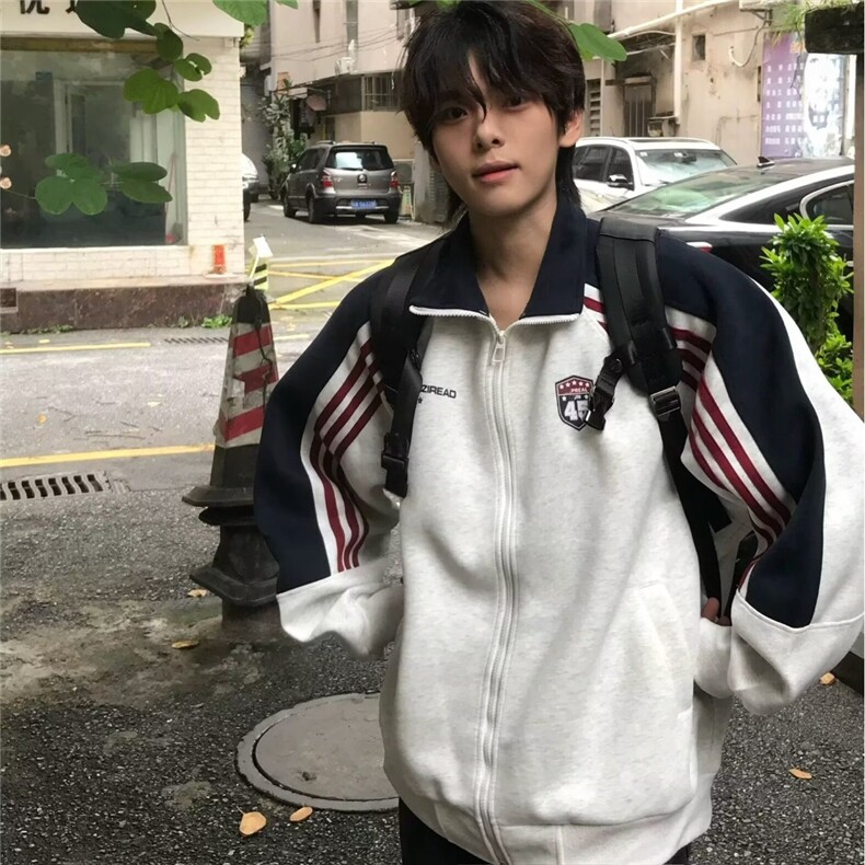 美式条纹休闲夹克男春潮牌字母印花外套百搭情侣开衫上衣JK8060,男装夹克,星座208-5