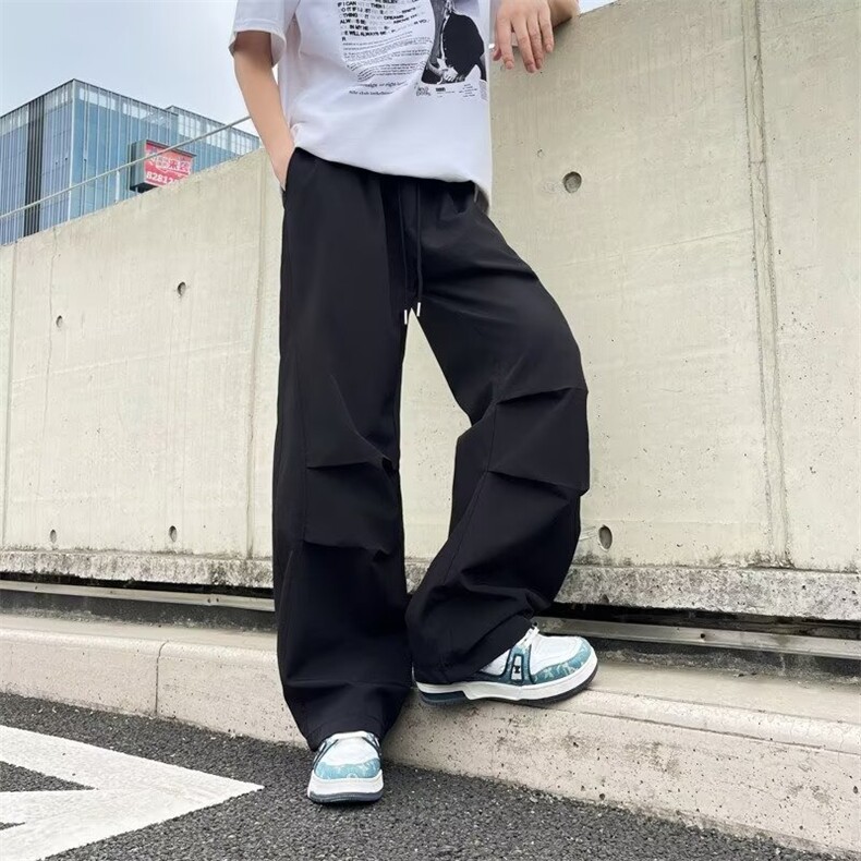 工装褶皱冰丝凉感伞兵裤男生潮ins宽松设计感阔腿弯刀速干休闲裤,男装工装外套,星座1210-1
