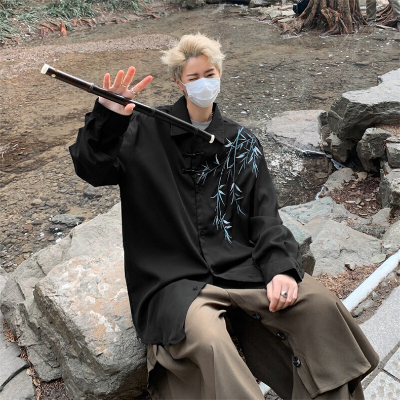 217-2-CS66-特P40新中式竹叶刺绣风长袖衬衫男风垂感衬衣,男装衬衫,星座217-2