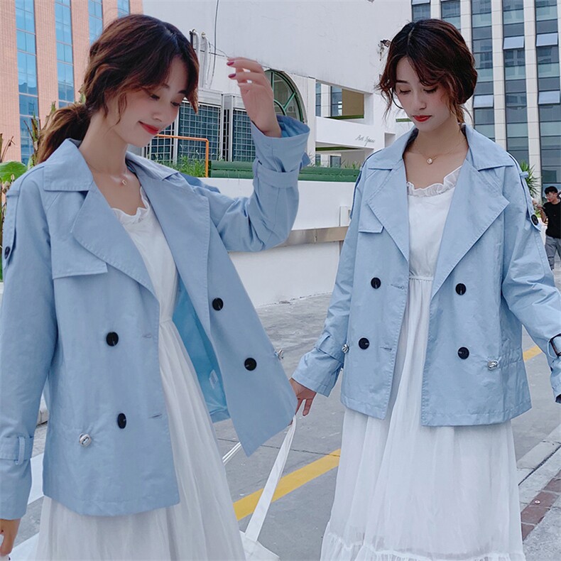 时尚舒适短款双排扣大翻领风衣简约修身百搭潮流淑女年轻款图片