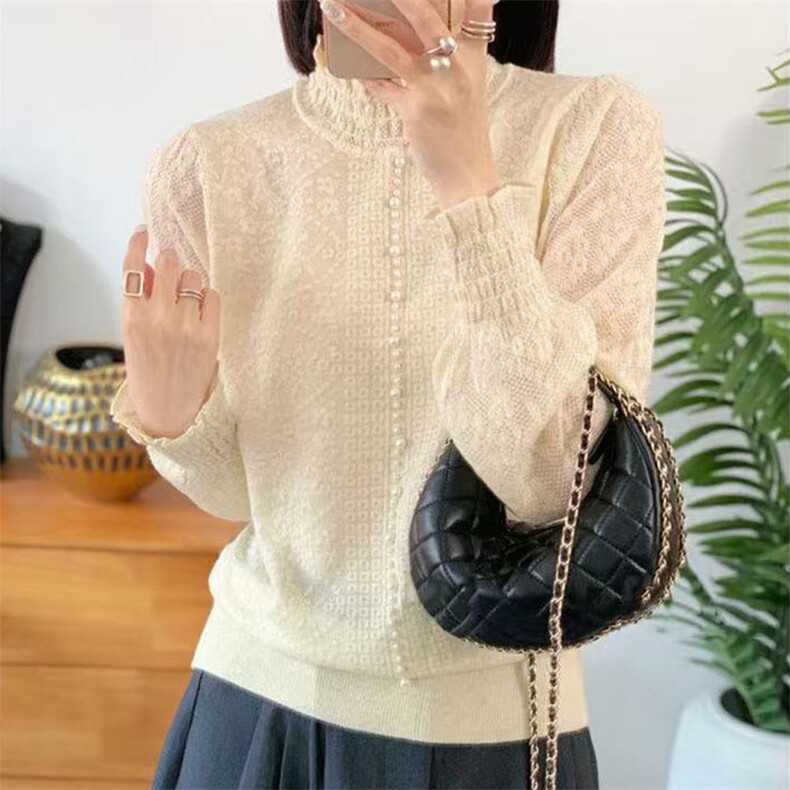 长袖套头半高圆领2025年春季淑女蕾丝针织衫,针织衫/毛衣,萱芳婷羊绒