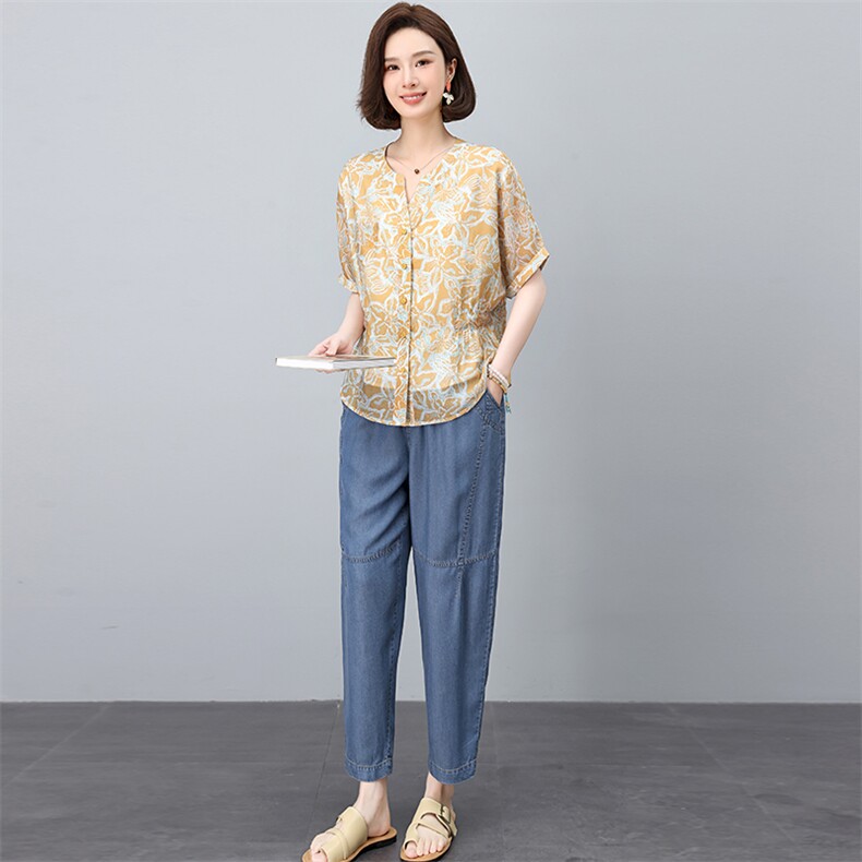 2025夏季印花时尚简约大方气质优雅V领休闲透气两件套，女装套装/套裙，独衣靓