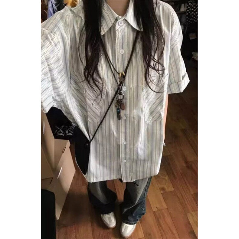 简约竖条纹短袖衬衫男夏ins百搭休闲宽松抽绳衬衣外套 CM149图片