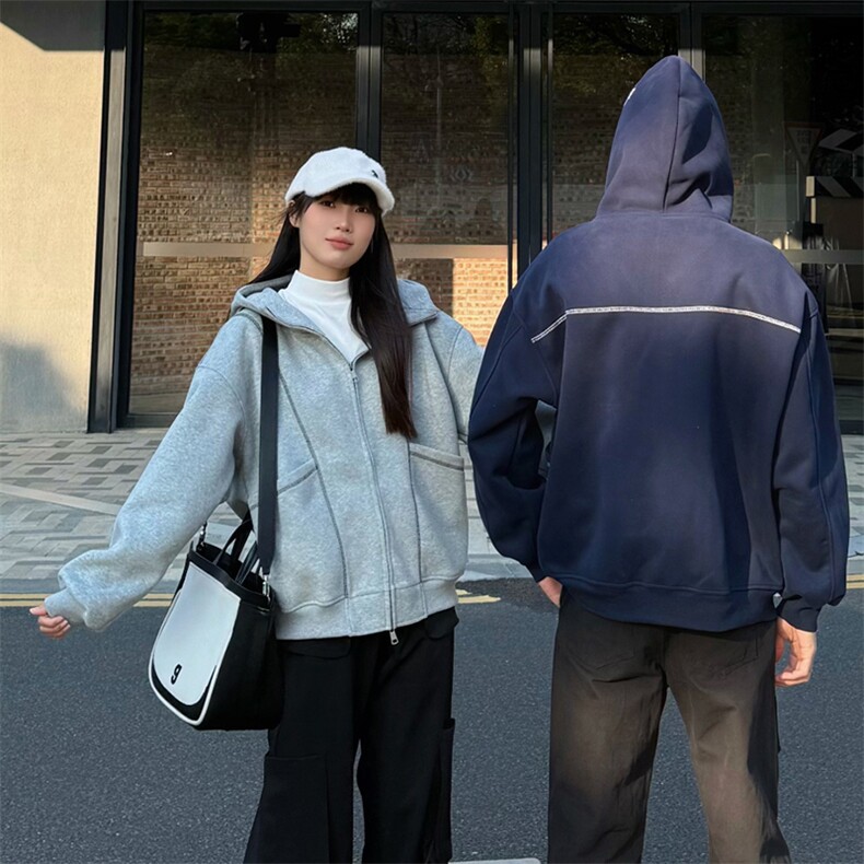 抖音得物高品质秋冬美式高街重磅结构辑明线纹理连帽卫衣外套W111,女装短外套,电商A486-1