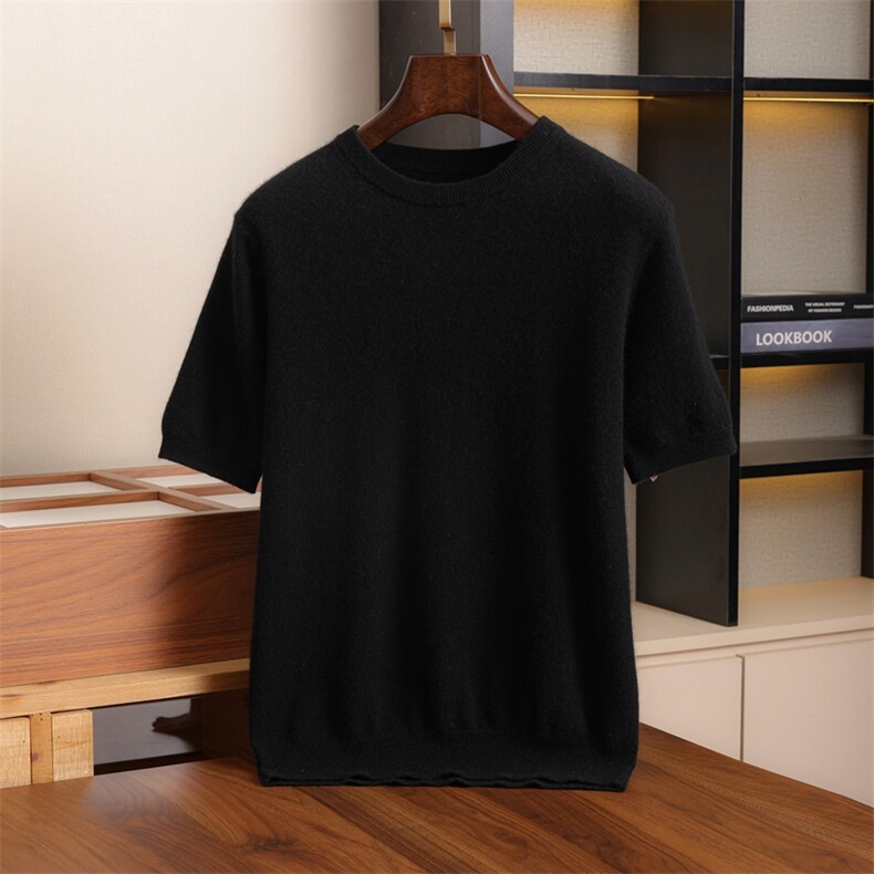 高端山羊绒衫短袖男圆领休闲纯色套头宽松羊毛针织半袖T恤打底衫，男装羊绒套衫，伊绒腾羊绒